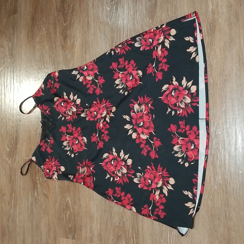 (M) la Vie en Rose Floral Print Satin Lace Slip Dress Intimates Undergarments